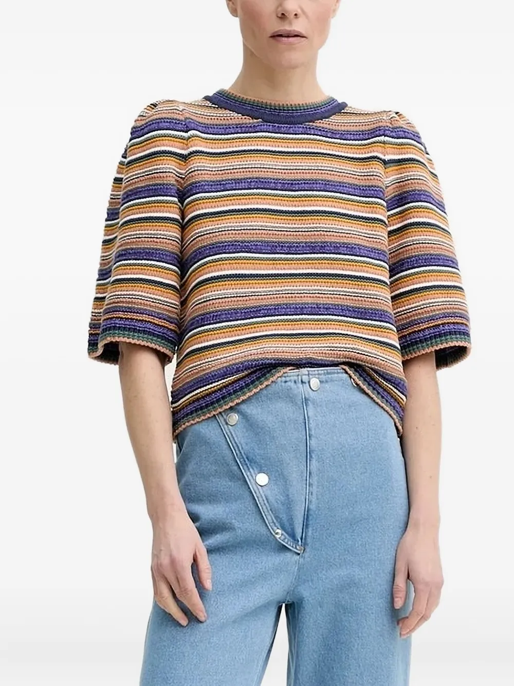 Ba&sh Puff-sleeve Striped T-shirt In Orange