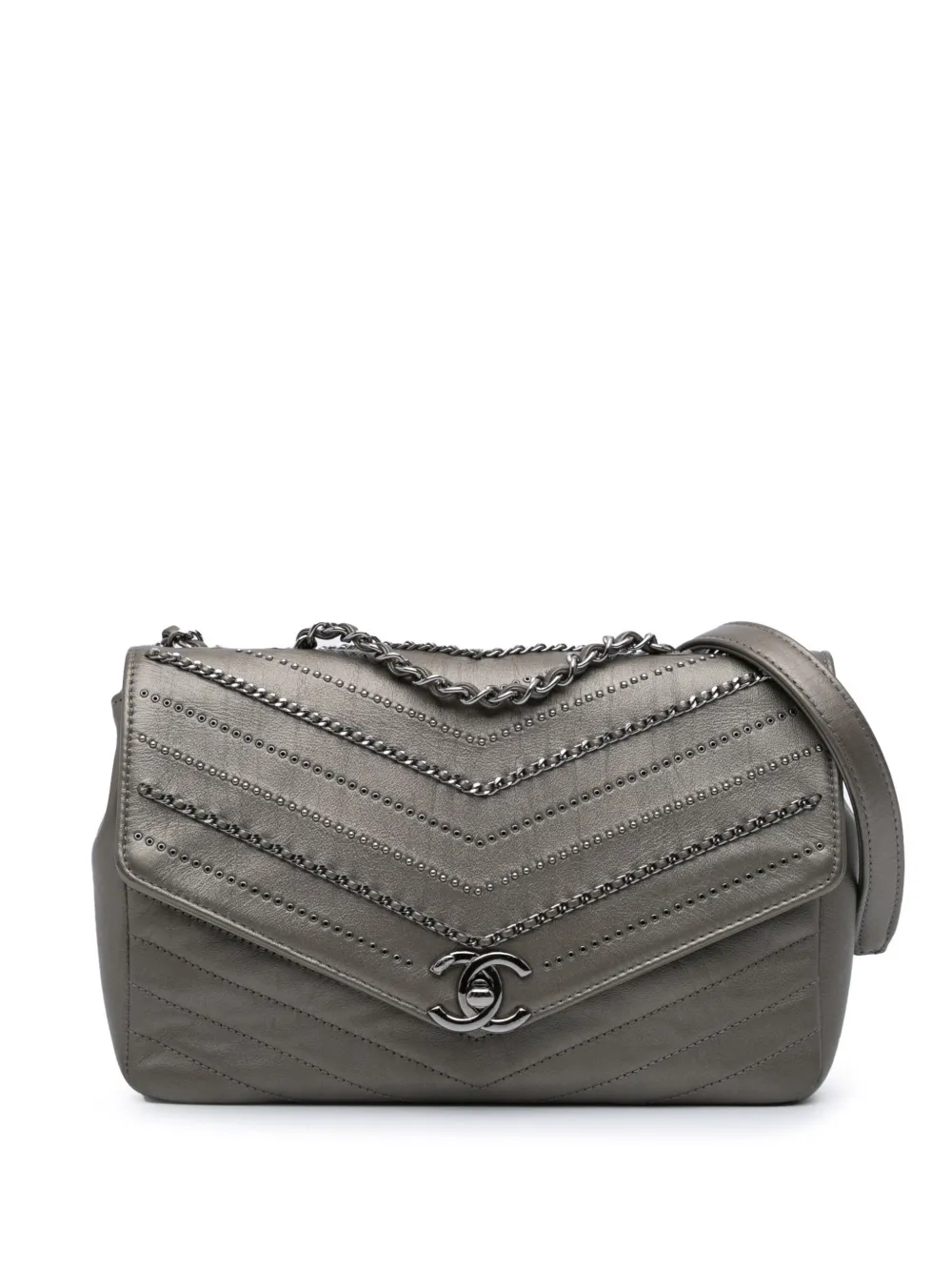 CHANEL Pre-Owned 2019 Mini Embellished Calfskin Chevron Square Envelop Flap crossbody bag | Grey | Image 1