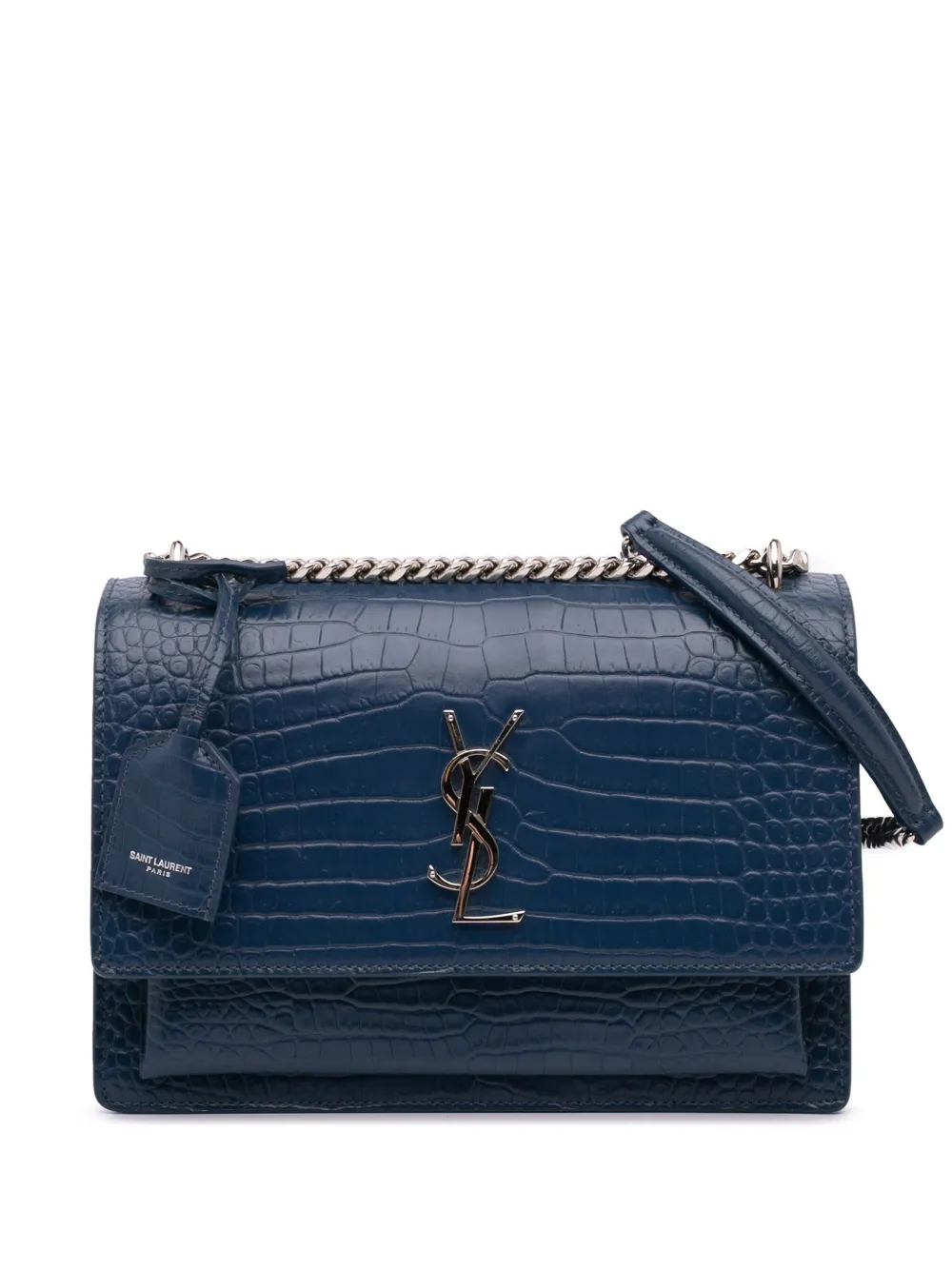 Pre-owned Saint Laurent 2017 Medium Croc Embossed Monogram Sunset Bag Crossbody Bag In Blue