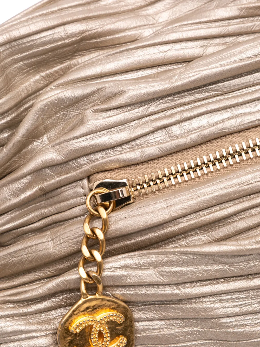 Pre-owned Chanel 2018 Medium Metallic Calfskin Coco Pleats Drawstring Backpack In Gold