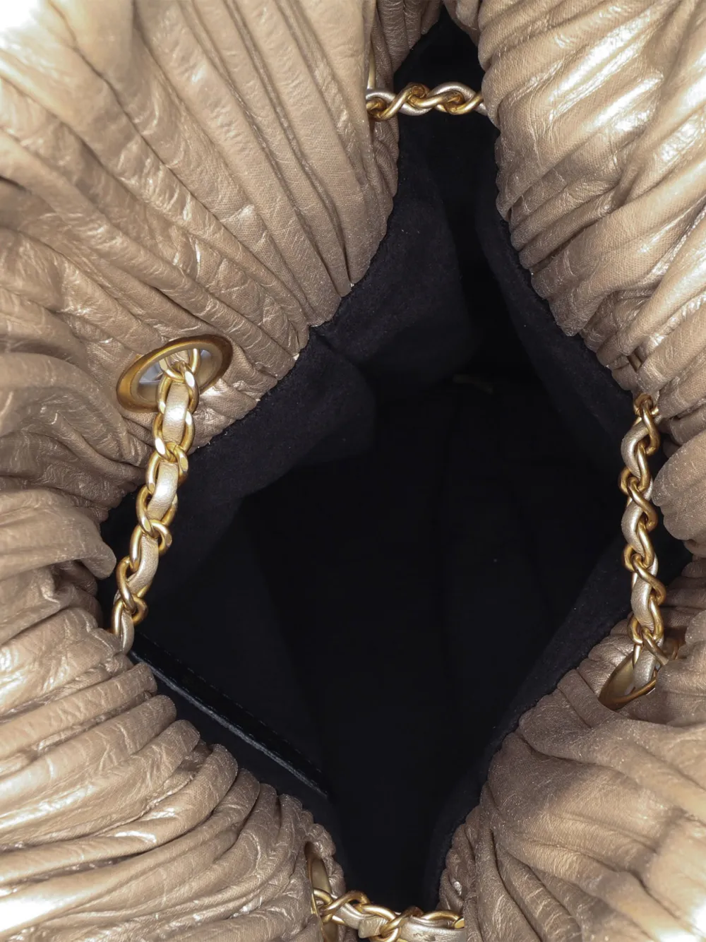 Pre-owned Chanel 2018 Medium Metallic Calfskin Coco Pleats Drawstring Backpack In Gold