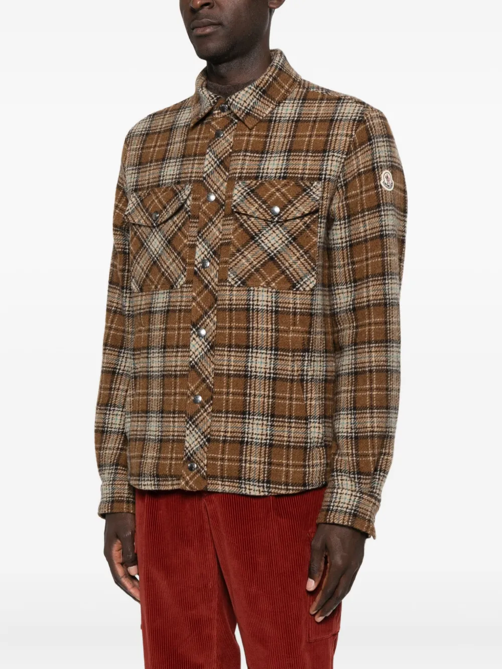 Moncler Checked Virgin Wool Overshirt In Brown