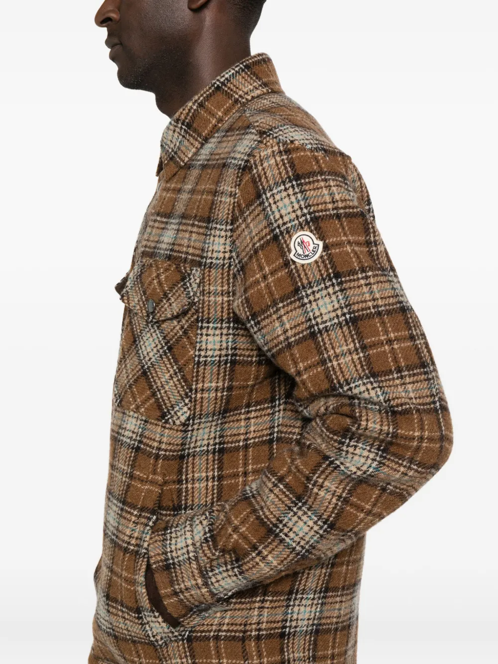 Moncler Checked Virgin Wool Overshirt In Brown
