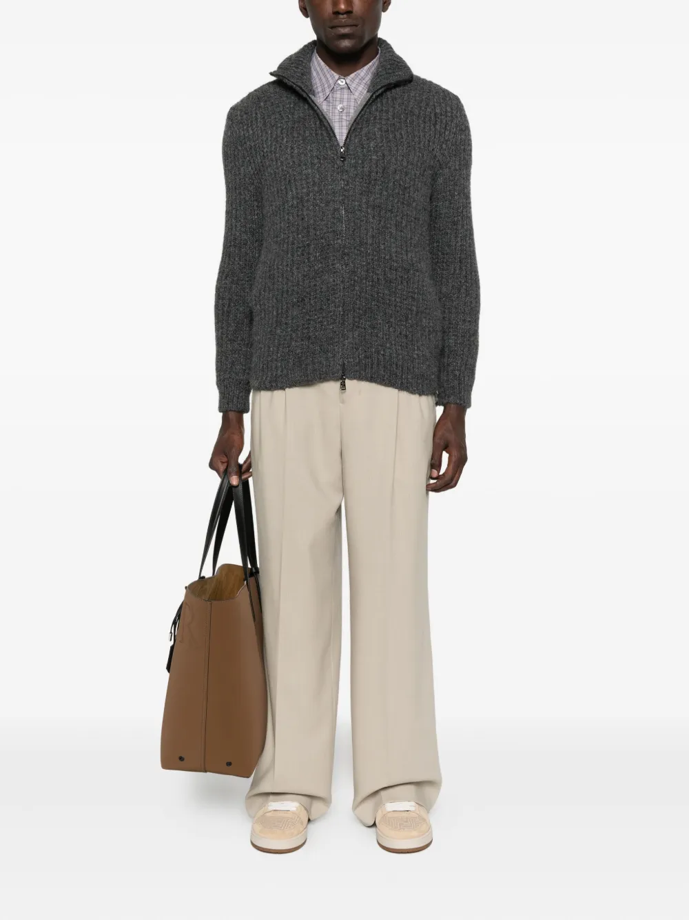 Moncler Ribbed Zip-up Cardigan In Gray