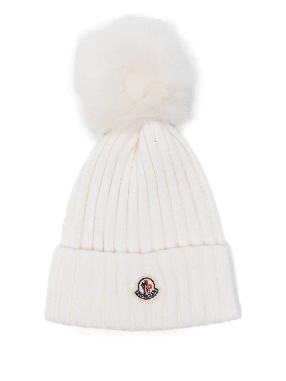 Moncler Ribbed Wool Beanie With Faux Fur Pom In Neutral