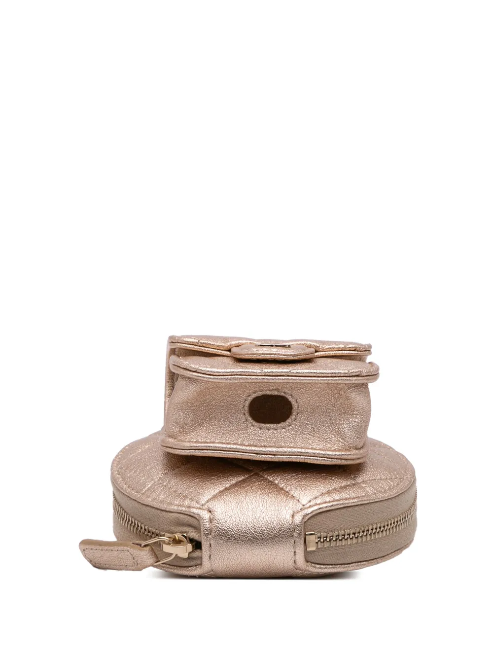 Pre-owned Chanel 2021-2024 Metallic Lambskin Round Clip On Purse And Airpods Case Coin Pouch In Gold
