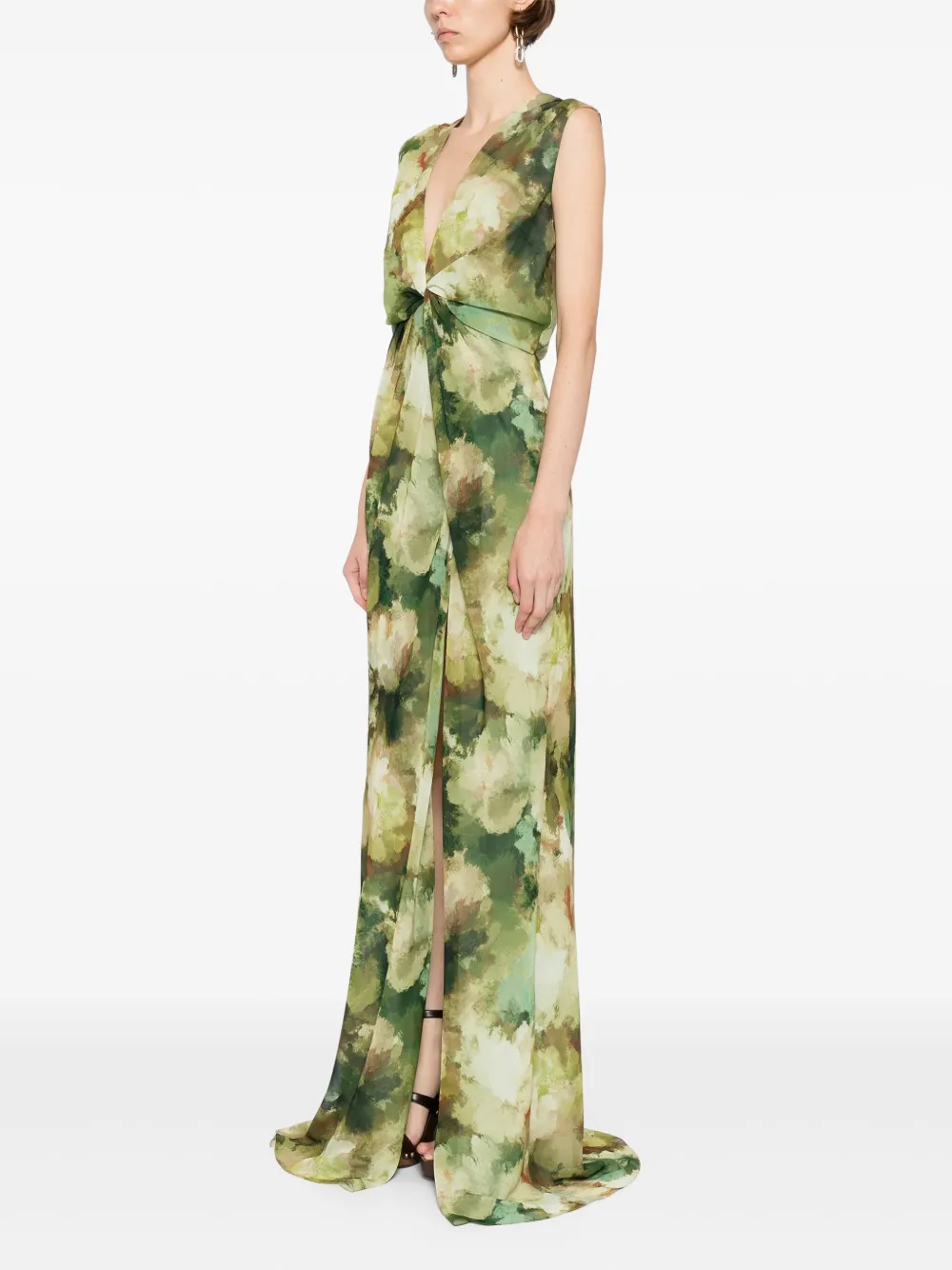 Amsale Watercolour jurk met gedraaide voorkant Groen