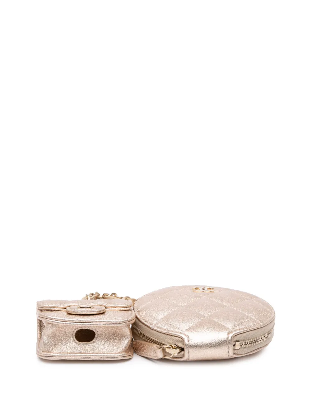 Pre-owned Chanel 2021-2024 Metallic Lambskin Round Purse And Airpods Case Coin Pouch In Gold