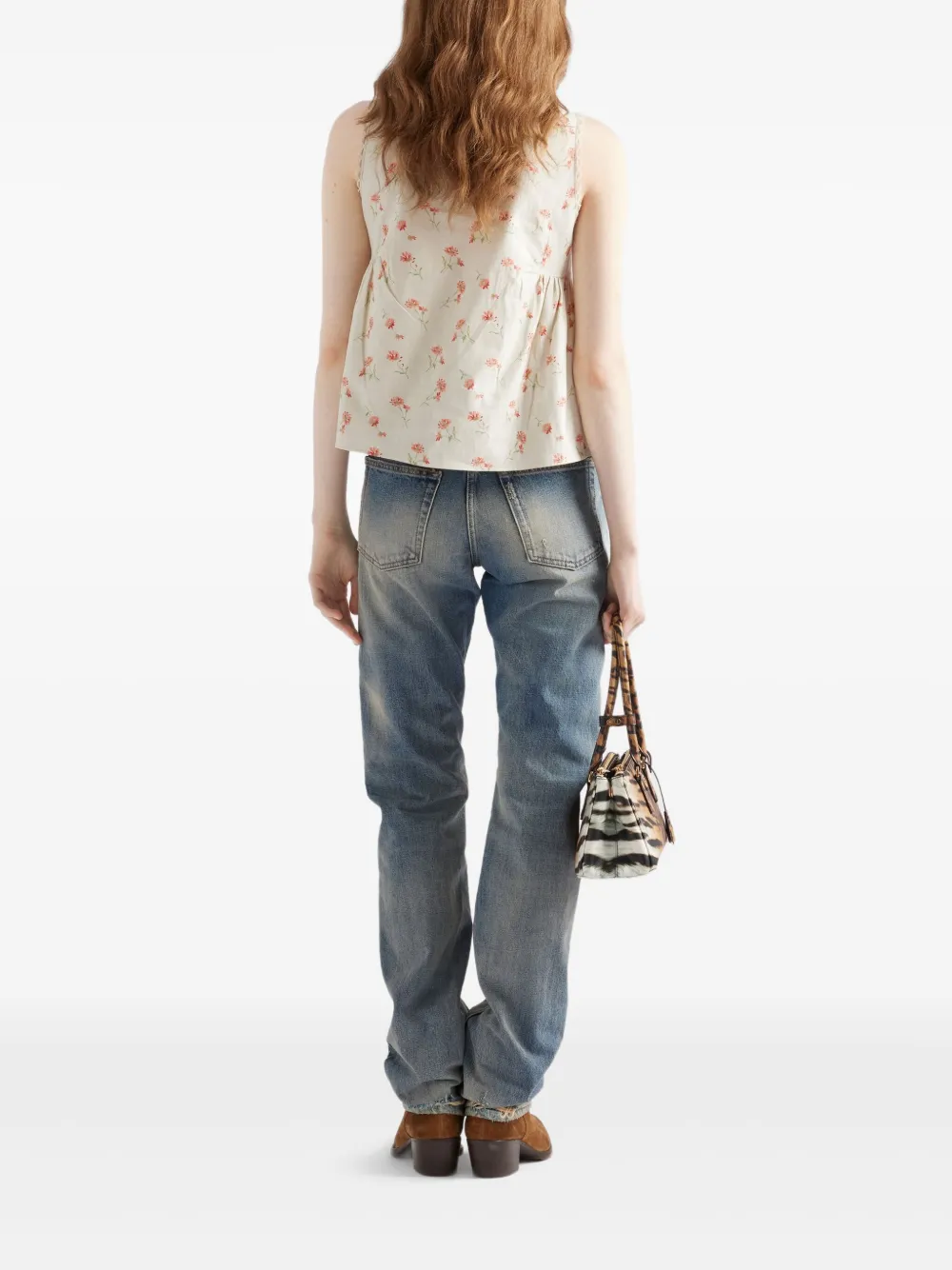 Prada Polotop met geborduurde bloemen Beige