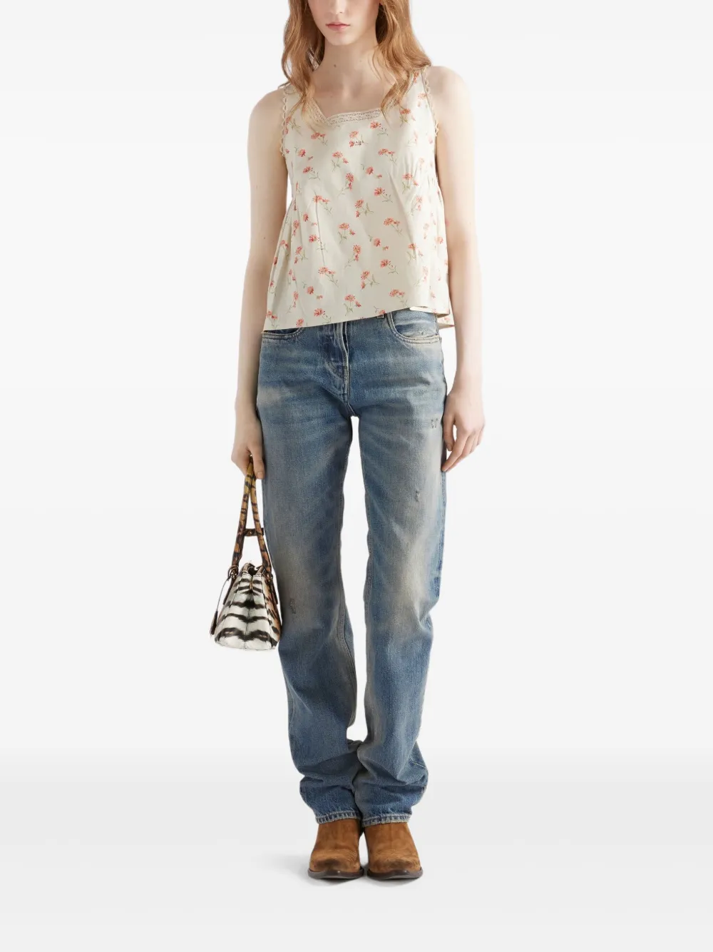 Prada Polotop met geborduurde bloemen - Beige