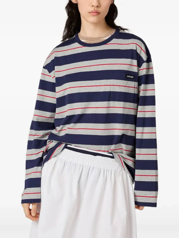 Miu Miu logo-embroidered long-sleeve Top | Blue | FARFETCH