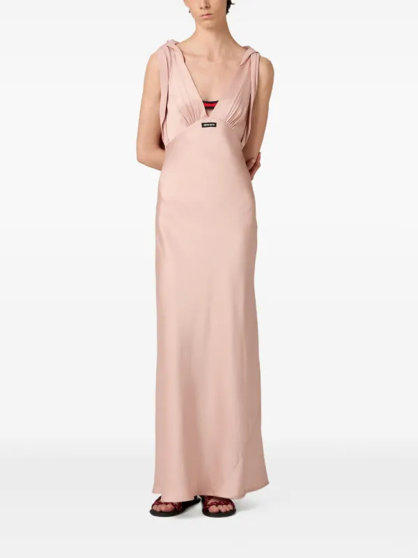 pink satin dress long Blaise Maxi US 0 Pink Off Shoulder Ruffle Satin Formal Maxi Dress How to style Open-Back Long Halter Prom Dress