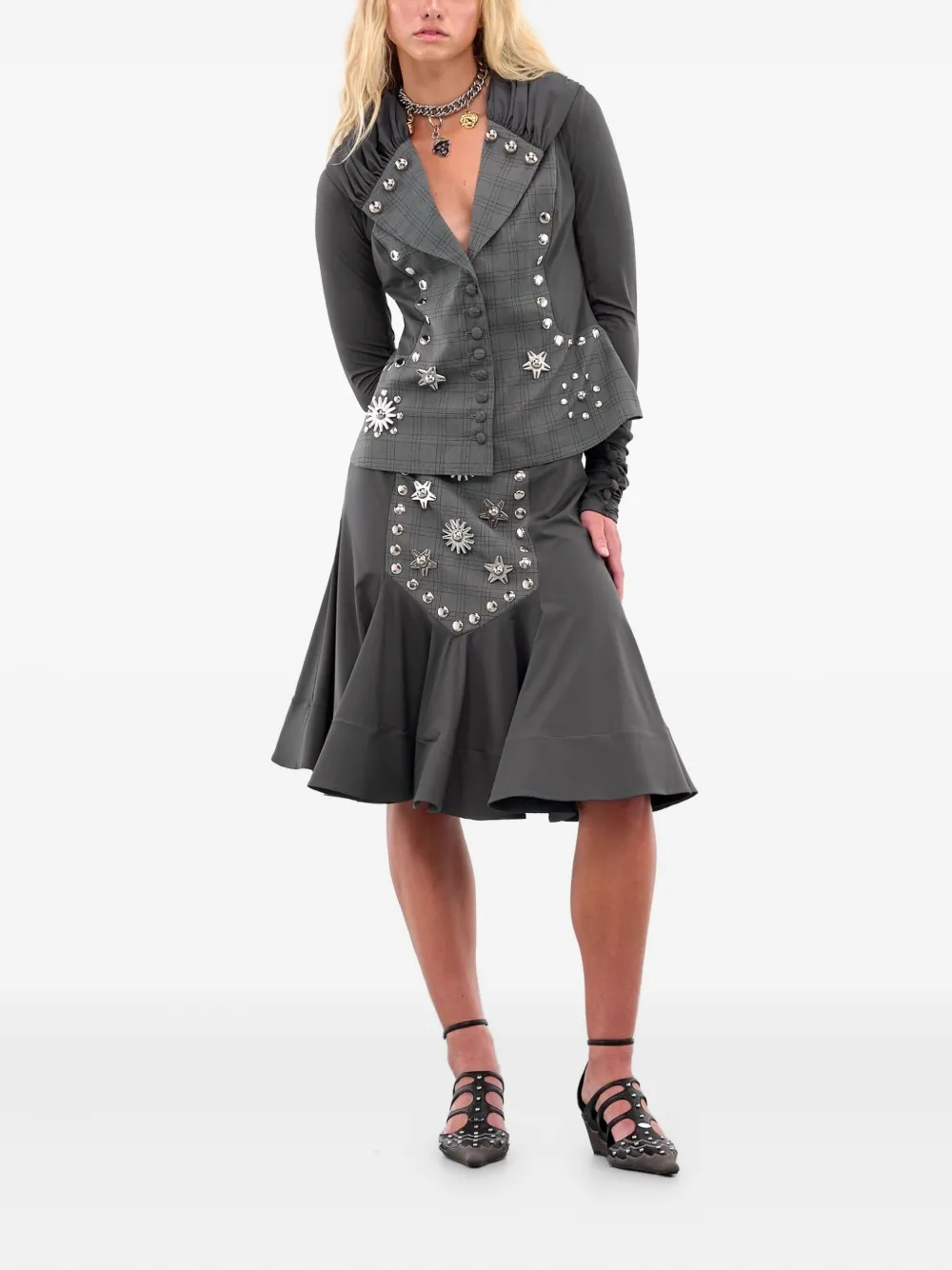 Chopova Lowena Midi-rok met ruches en tartan ruit - Grijs