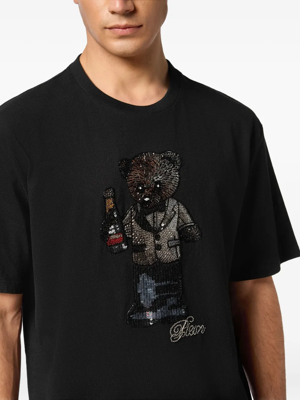 Philipp Plein T-shirt verfraaid met kristallen en teddybeerpatroon Zwart