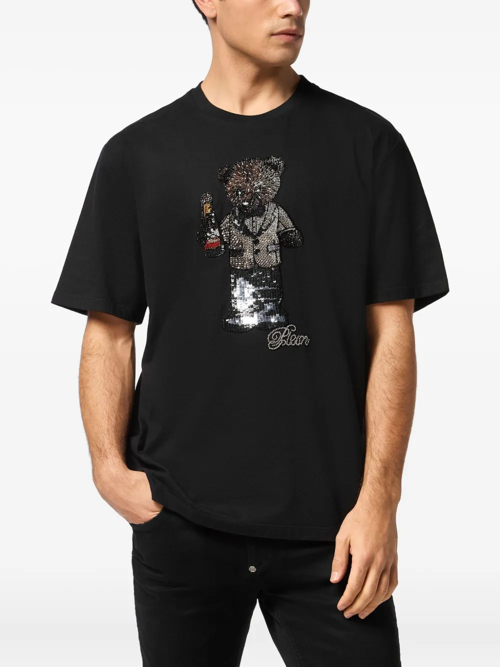Philipp Plein T-shirt verfraaid met kristallen en teddybeerpatroon - Zwart