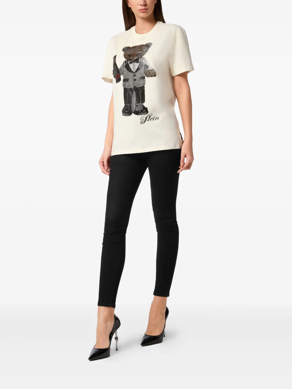 Philipp Plein Katoenen T-shirt verfraaid met teddybeer Beige