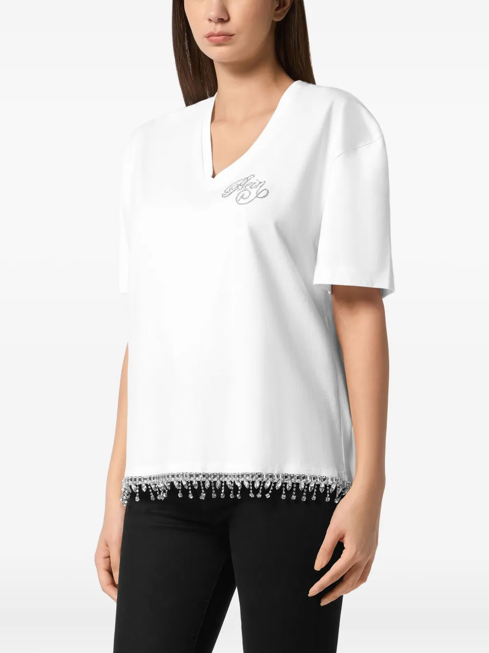 Philipp Plein Crystal-embellished V-neck T-shirt In White