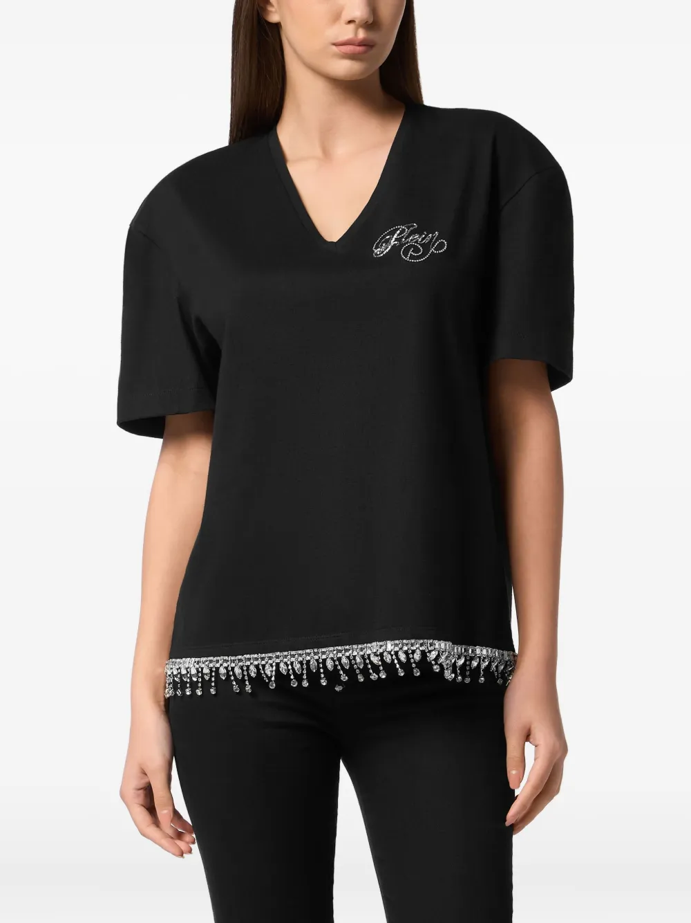 Philipp Plein Signature-embellished V-neck T-shirt In Black