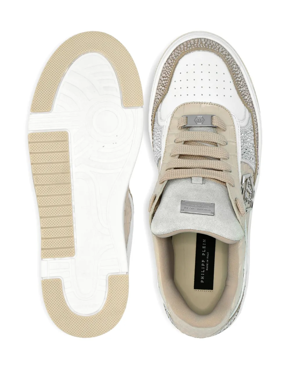 Philipp Plein Crystal-embellished Crocodile-effect Sneakers In Neutral