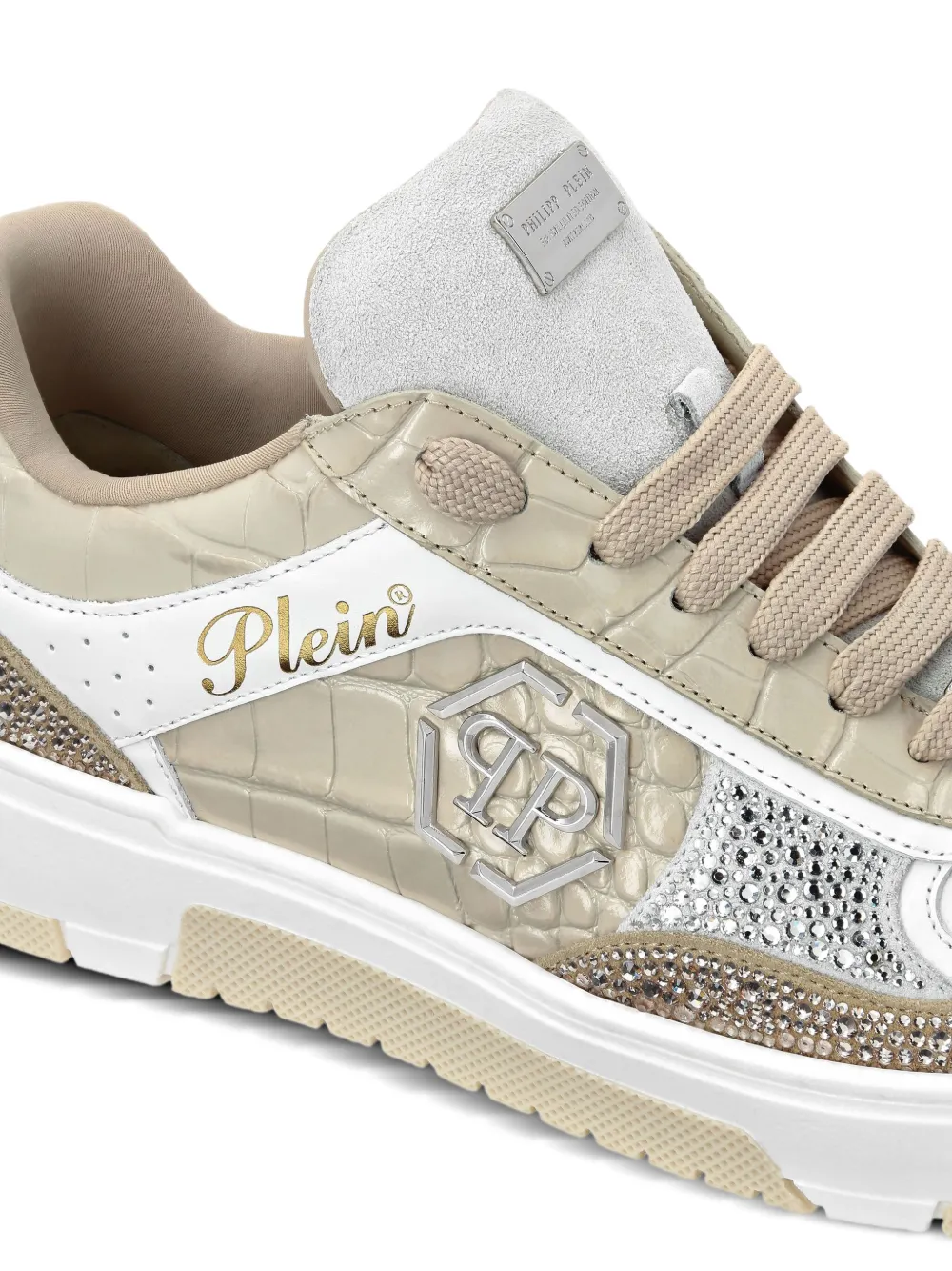 Philipp Plein Crystal-embellished Crocodile-effect Sneakers In Neutral