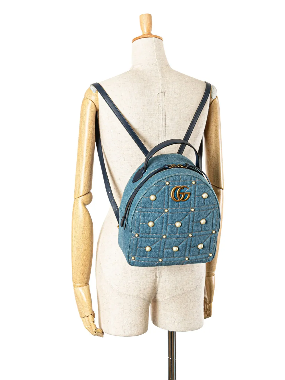 GUCCI マトラッセ デニム パールスタッズ付き GG バックパック Gucci Pre-Owned 2016-2024 スモール GGマーモント パール