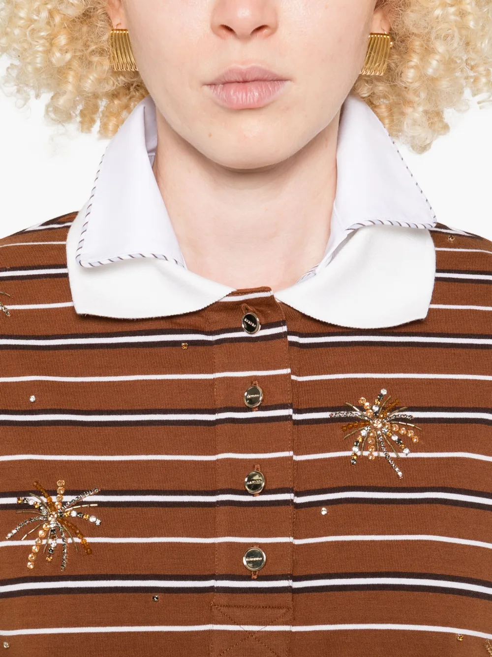 Sandro Womens Brown Striped Polo-collar Cotton-jersey T-shirt