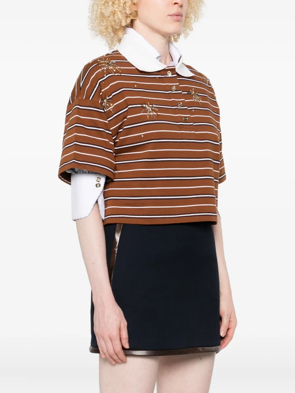 Sandro Womens Brown Striped Polo-collar Cotton-jersey T-shirt