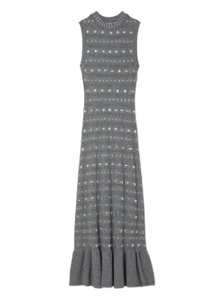 SANDRO metal-studded Ruffled Knitted Maxi Dress | Grey | FARFETCH