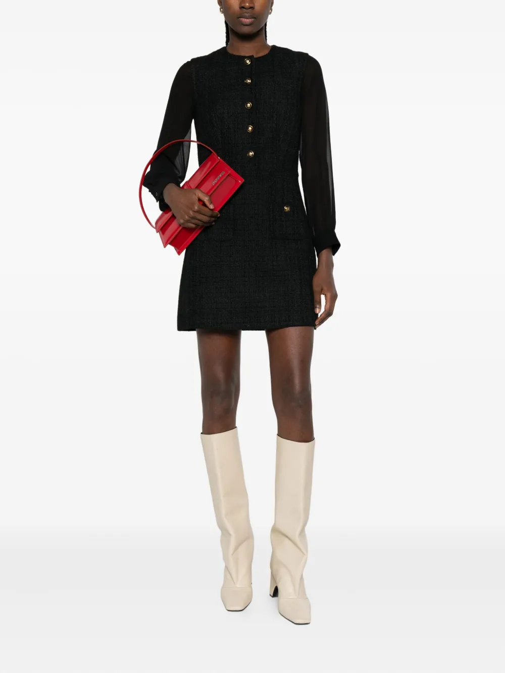 SANDRO Tweed mini-jurk met knoopdetail - Zwart