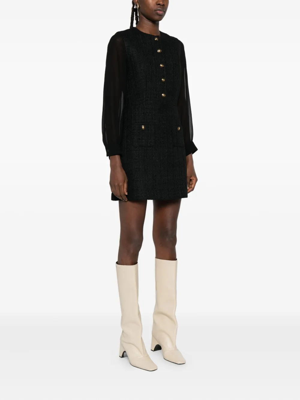 SANDRO Tweed mini-jurk met knoopdetail Zwart