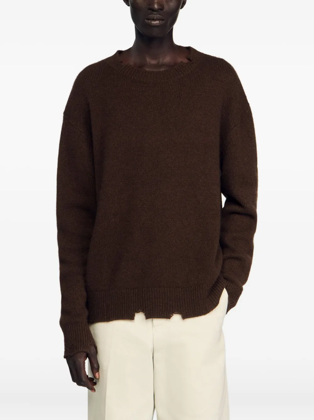 SANDRO Wollen trui met franje afwerking Bruin