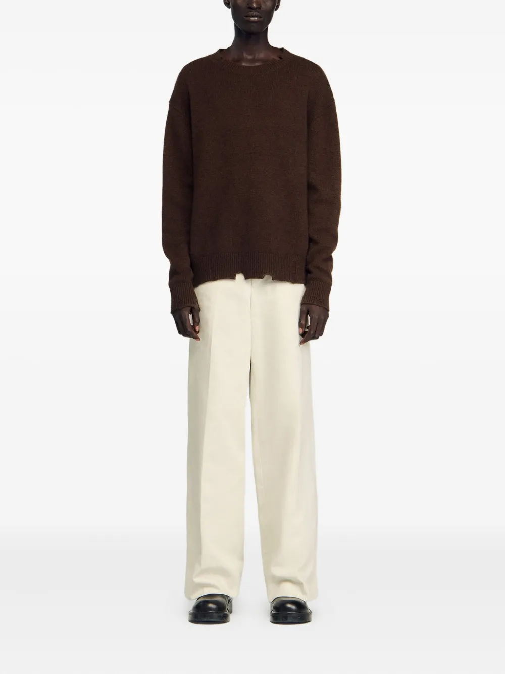 SANDRO frayed-hem wool sweater - Bruin