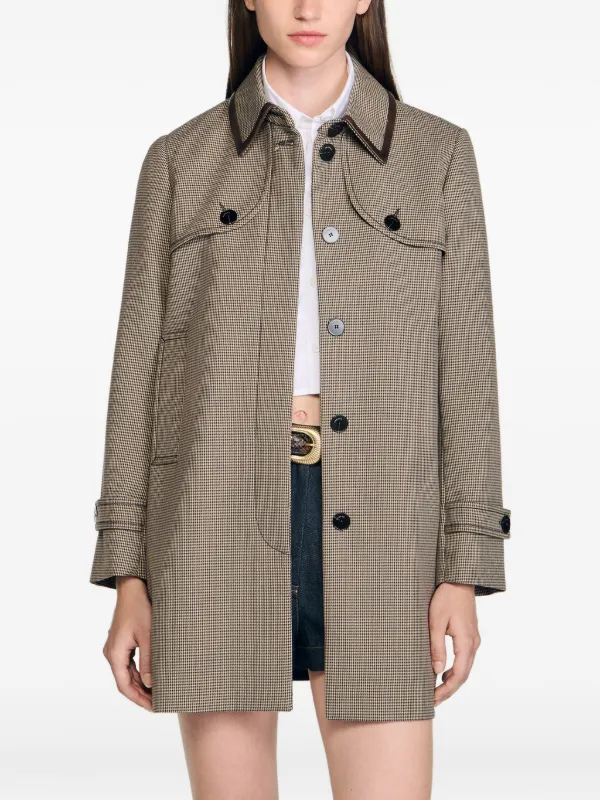 SANDRO check-print Trench Coat | Brown | FARFETCH JO