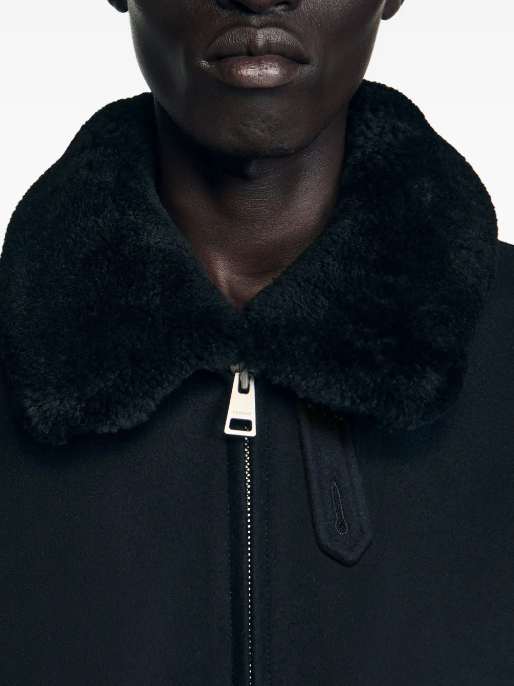 Sandro Mens Black Shearling-collar Wool-blend Aviator Jacket In Black