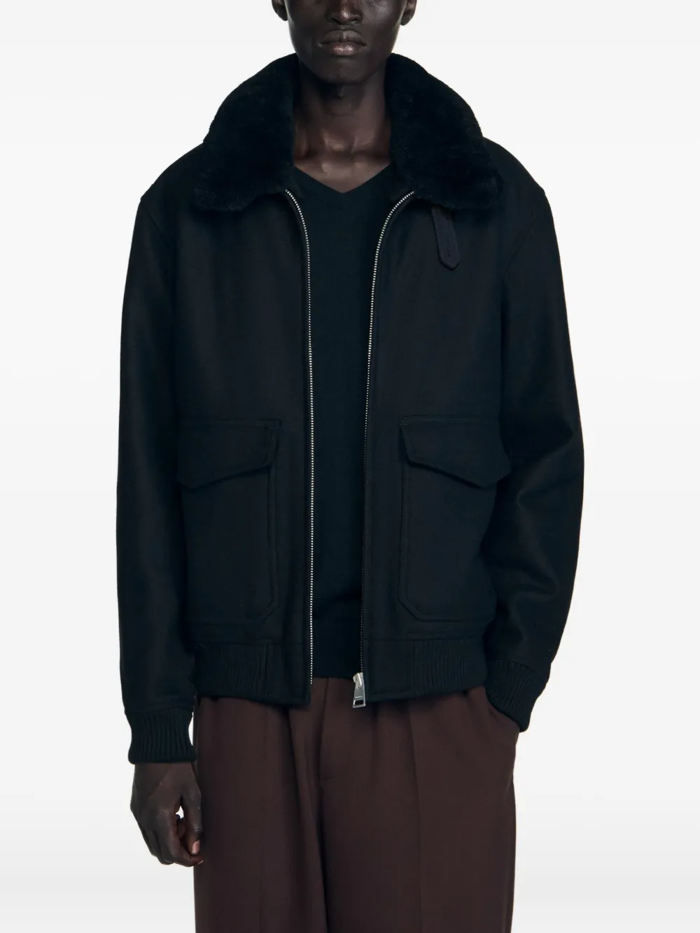 Sandro Mens Black Shearling-collar Wool-blend Aviator Jacket In Black