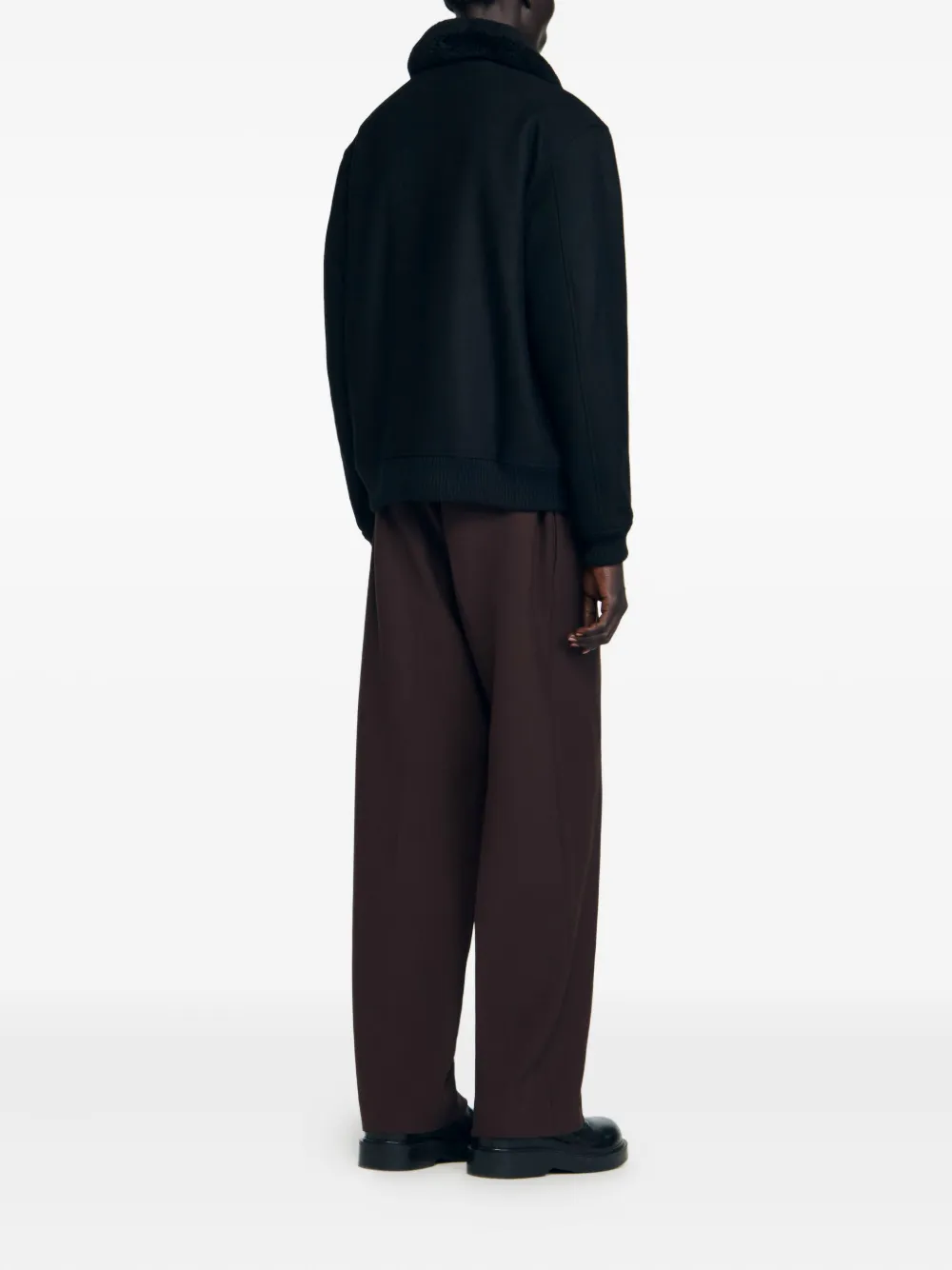 Sandro Mens Black Shearling-collar Wool-blend Aviator Jacket In Black