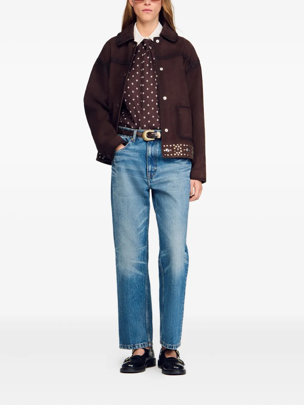 SANDRO Blouse met geometrische print en gestrikte hals - Bruin