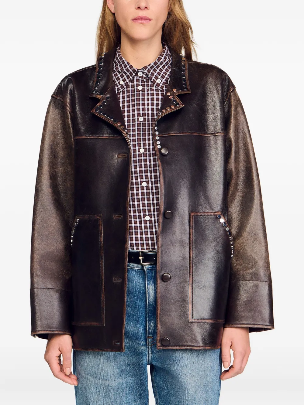 SANDRO Leren jack Bruin