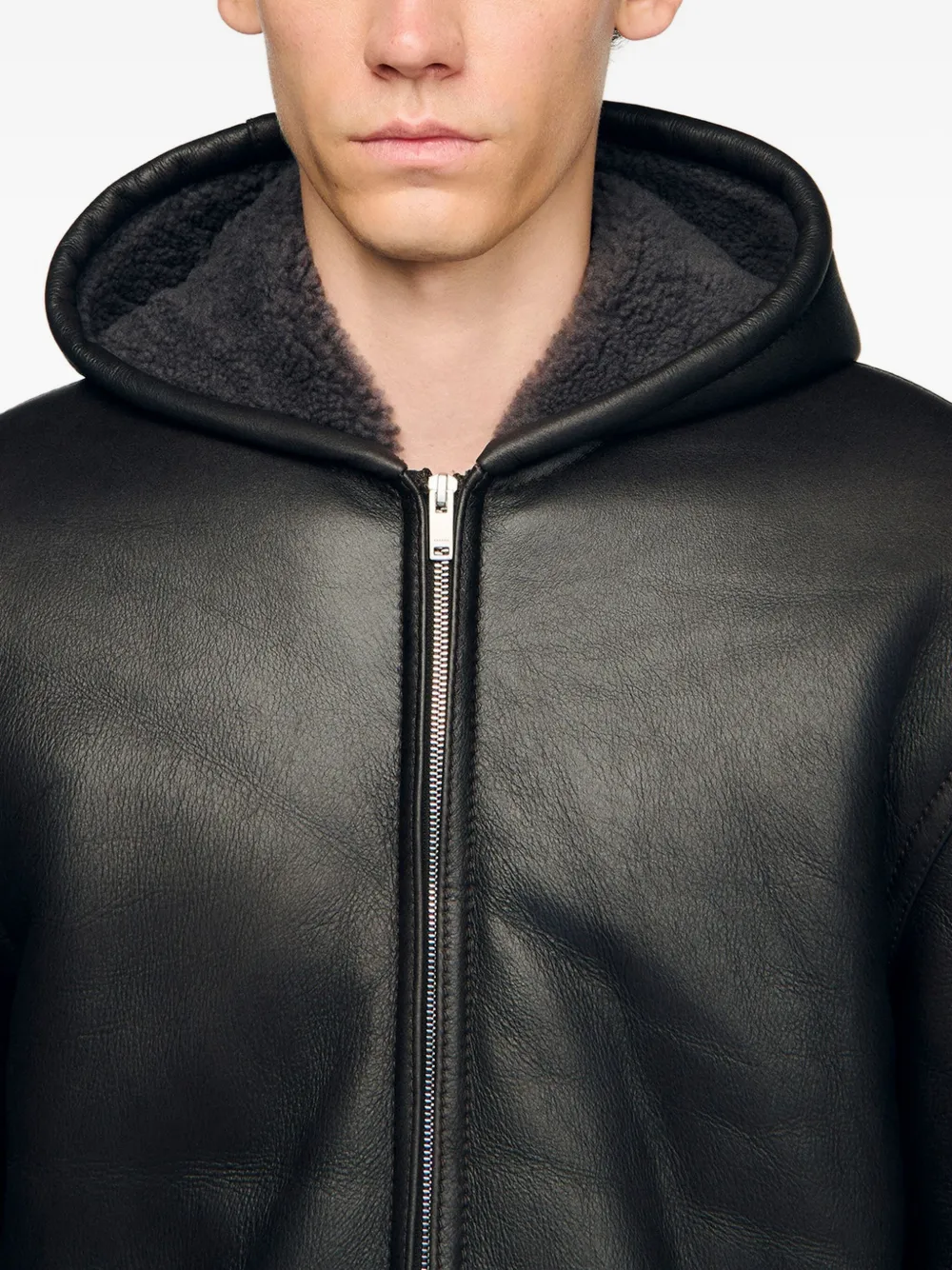 SANDRO Leren jack met capuchon Grijs