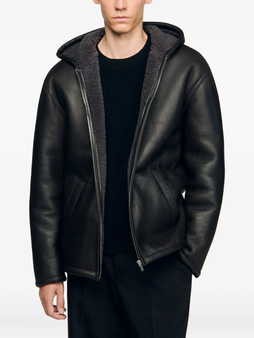 SANDRO Leren jack met capuchon Grijs