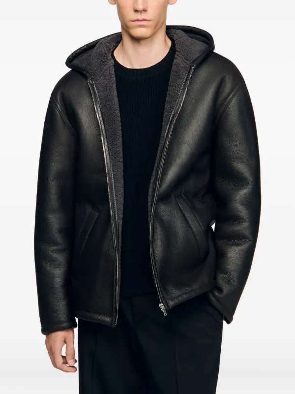 SANDRO Hooded Sheepskin Jacket Grey FARFETCH IN