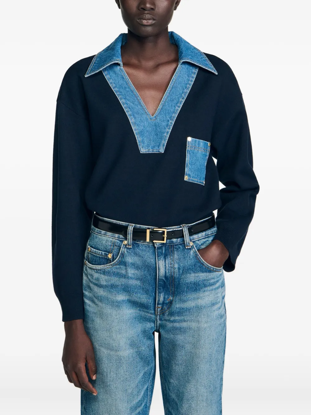 SANDRO Sweater met V-hals en denim afwerking Blauw
