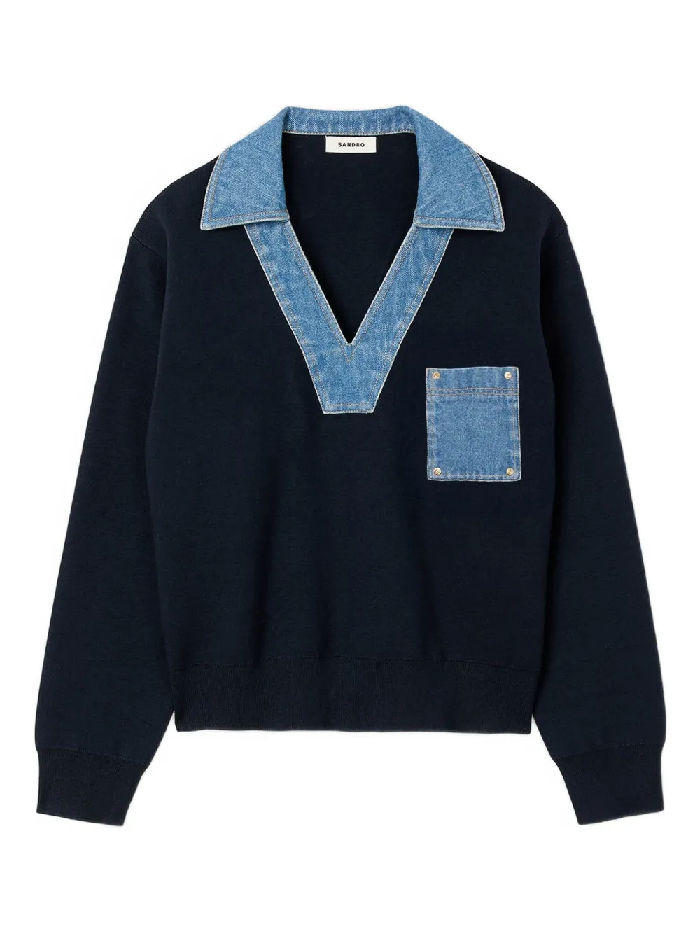 SANDRO Sweater met V-hals en denim afwerking Blauw