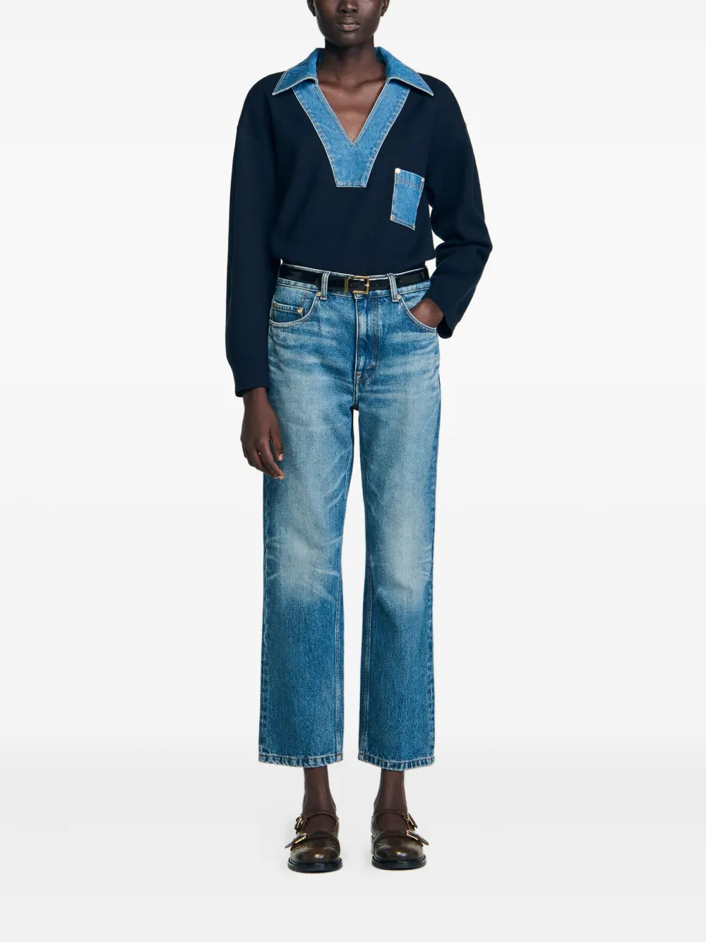 SANDRO Sweater met V-hals en denim afwerking Blauw