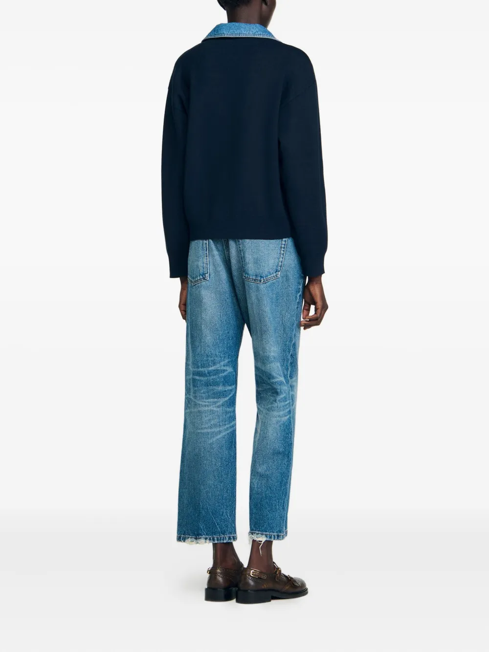SANDRO Sweater met V-hals en denim afwerking Blauw