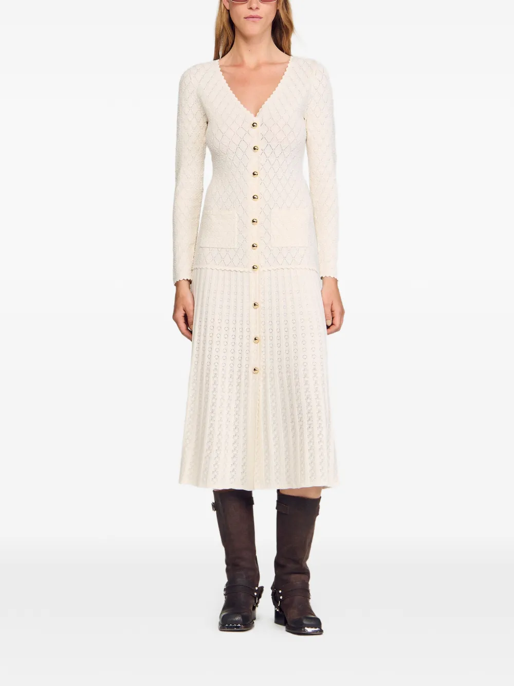 Sandro Pointelle-knit Maxi Dress With V-neck And Flared Skirt - Neutrals