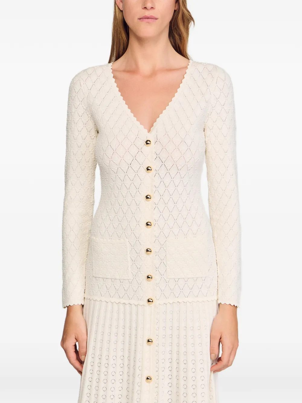 Sandro Pointelle-knit Maxi Dress With V-neck And Flared Skirt - Neutrals