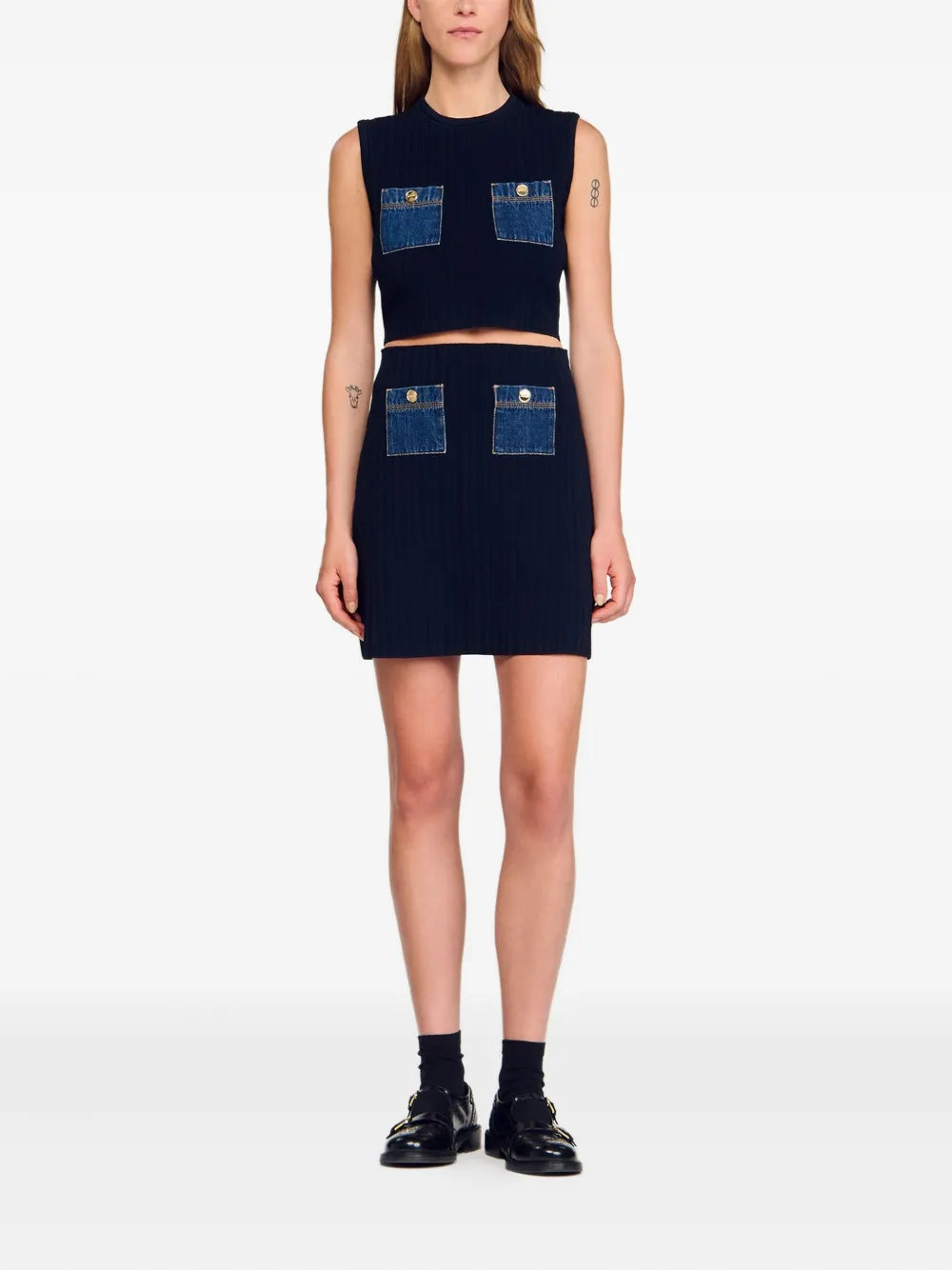 SANDRO Geribbelde mini-rok met denim zak - Blauw