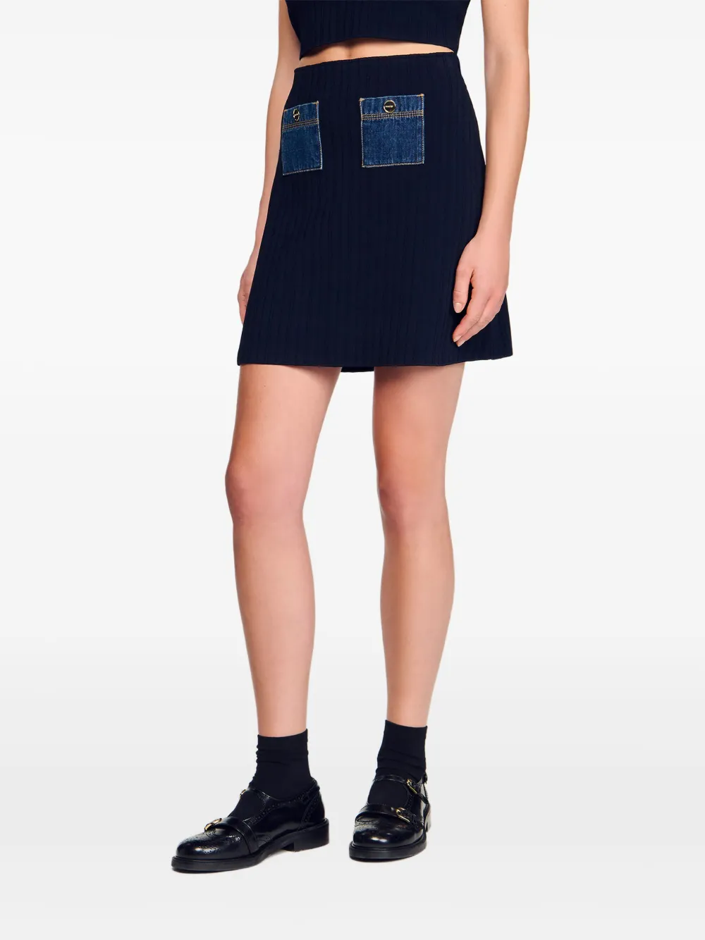 SANDRO Geribbelde mini-rok met denim zak Blauw