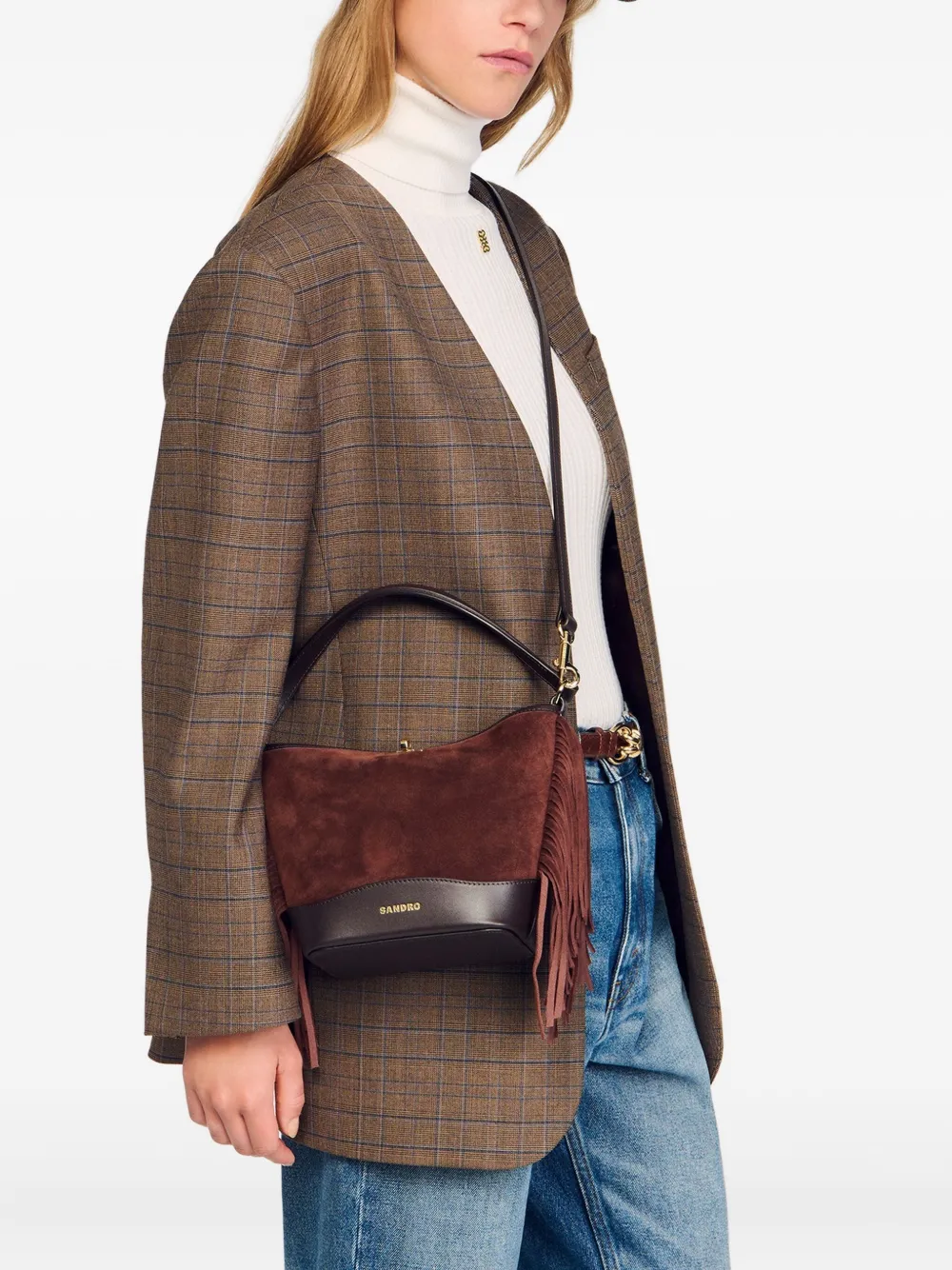 SANDRO Tangoso suède crossbodytas met franje Bruin